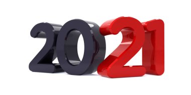 Mutlu yıllar 2021, 3D kutlama metni. Kırmızı 2021 sayı takvimi şablonu