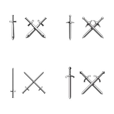 Beyaz arka planda izole şövalye kılıçları. Kılıç siluetleri. Vektör illüstrasyonu