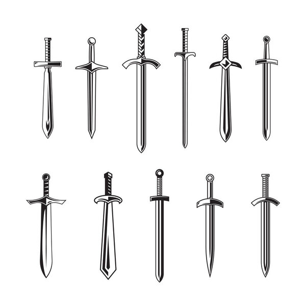 Рыцарские мечи изолированы на белом фоне. Силуэты мечей. Векторная иллюстрация