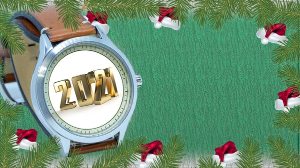 Yeşil arka plan ve Noel Baba şapkası üzerindeki 2021 kol saati çerçevesi
