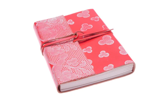 Beyaz arka plan üzerinde izole pembe deri notebook — Stok fotoğraf