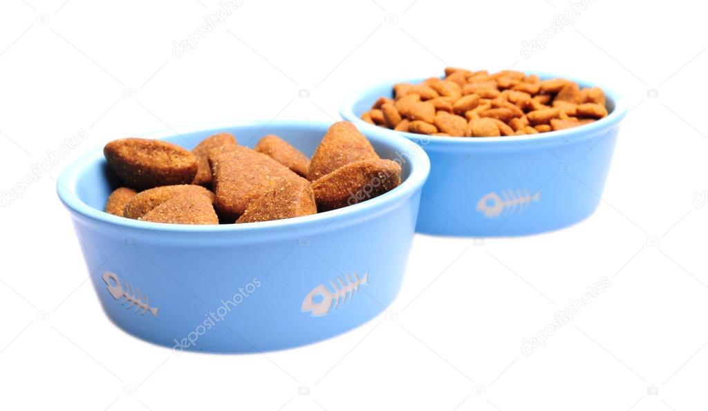 Blue ceramic dogs bowl. Dry dog food in bowl isolated on white background. Dry dog food isolated on white background
