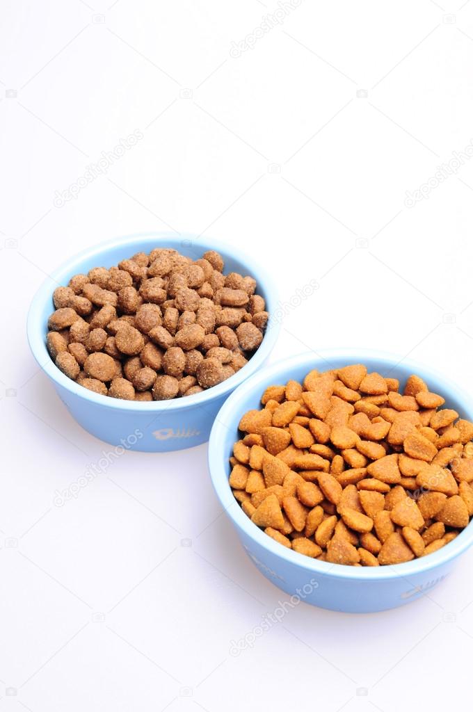 Blue ceramic dogs bowl. Dry dog food in bowl isolated on white background. Dry dog food isolated on white background