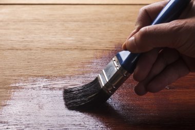 Ahşap bir yüzeye vernikli boya uygulayan bir fırça tutan el.