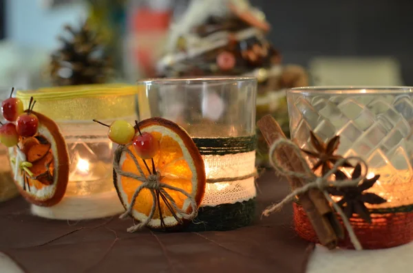 Handmade candle decor. Candle in glass jar — Stock Photo, Image