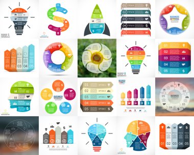 Vektör daire infographics. İş diyagramları, okları grafikler, doğrusal sunumlar, fikir döngüsü grafikler bulanıklık. Veri seçenekleri, parçalar, 5 adım. Ampul, beyin, Eko, kalp, çizgiler, merdiven Ayrıca,.