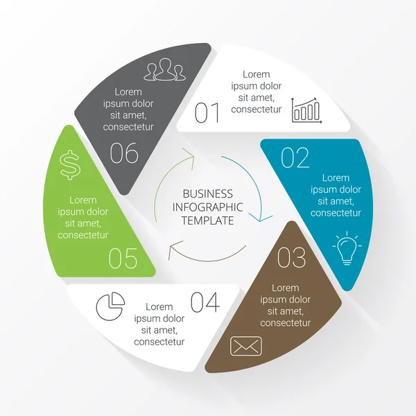 Vektor-Flachkreispfeile Infografik. Vorlage für Zyklusdiagramm, Sechseckdiagramm, Präsentation und Runddiagramm. Lineares unternehmerisches Konzeptzeichen mit 6 Optionen, Teilen, Schritten, Prozessen. — Stockvektor