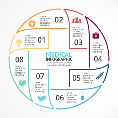 Vector circle plus sign linear infographic. Template for diagram, graph, presentation and chart. Medical healthcare concept with 8 options, parts, steps, processes. Doctor or hospital logo.