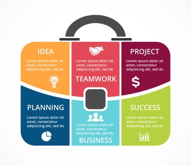 Vektör evrak çantası Infographic. Çanta diyagramı, grafik, grafik yuvarlak sunu şablonu. 6 seçenekleri, parçalar, adımları veya işlemler ile iş profesyonel portföy. Seyahat ve Turizm kavramı.