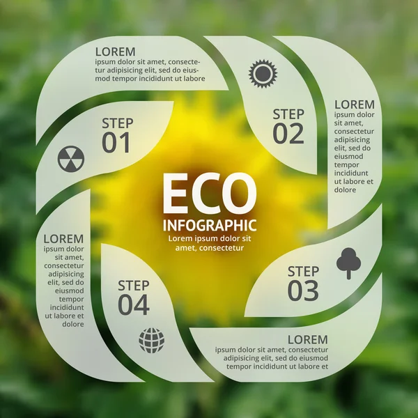 Vector circle sunflower eco infographic. Ecology diagram, graph, presentation, chart. Organic nature concept with 4, 8 options, parts, steps. Blurred background. — 图库矢量图片