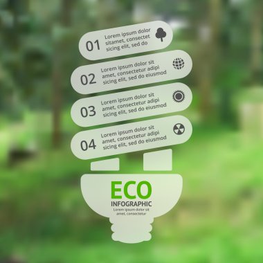 Enerji tasarruflu ampul. Vektör yeşil eko infografik. Ekoloji diyagramı, grafik, sunum, grafik. Organik doğa bulanıklık orman konsepti ile 4 seçenek, parça, adım.