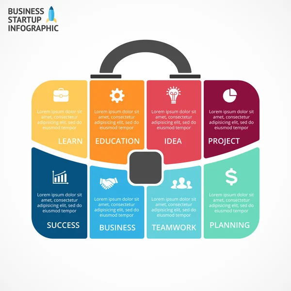 Infografía del maletín vectorial. Plantilla para diagrama de bolsa, gráfico, presentación, gráfico redondo. Portafolio profesional de negocios con 8 opciones, piezas, pasos o procesos. Concepto de viajes y turismo . — Vector de stock