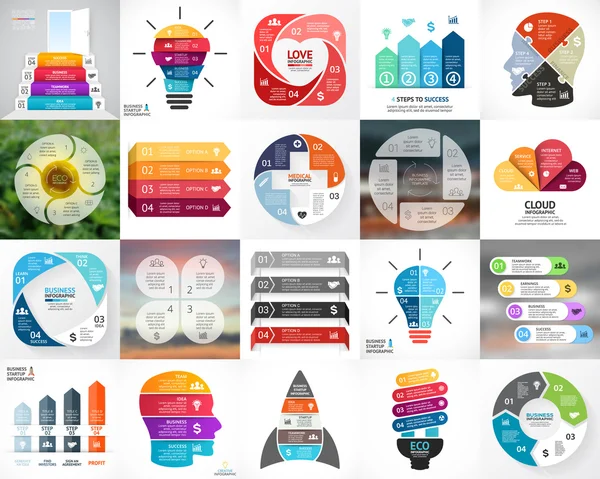 Infografica dei cerchi vettoriali. Diagrammi aziendali, grafici delle frecce, presentazioni lineari sfocate, diagrammi del ciclo dell'idea. Opzioni di dati, parti, 4 passaggi. Lampadina, cervello, plus, eco, cuore, linee, scale, medico plus . — Vettoriale Stock