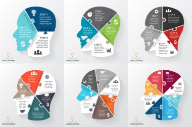 Vektör beyin bulmaca infografik. İnsan kafası diyagramı, grafik, sunum, yüz grafiği için şablon. 3, 4, 5, 6, 7, 8 seçenekleri, parçaları, adımları veya süreçleri ile İş fikri kavramı. Beyin fırtınası.