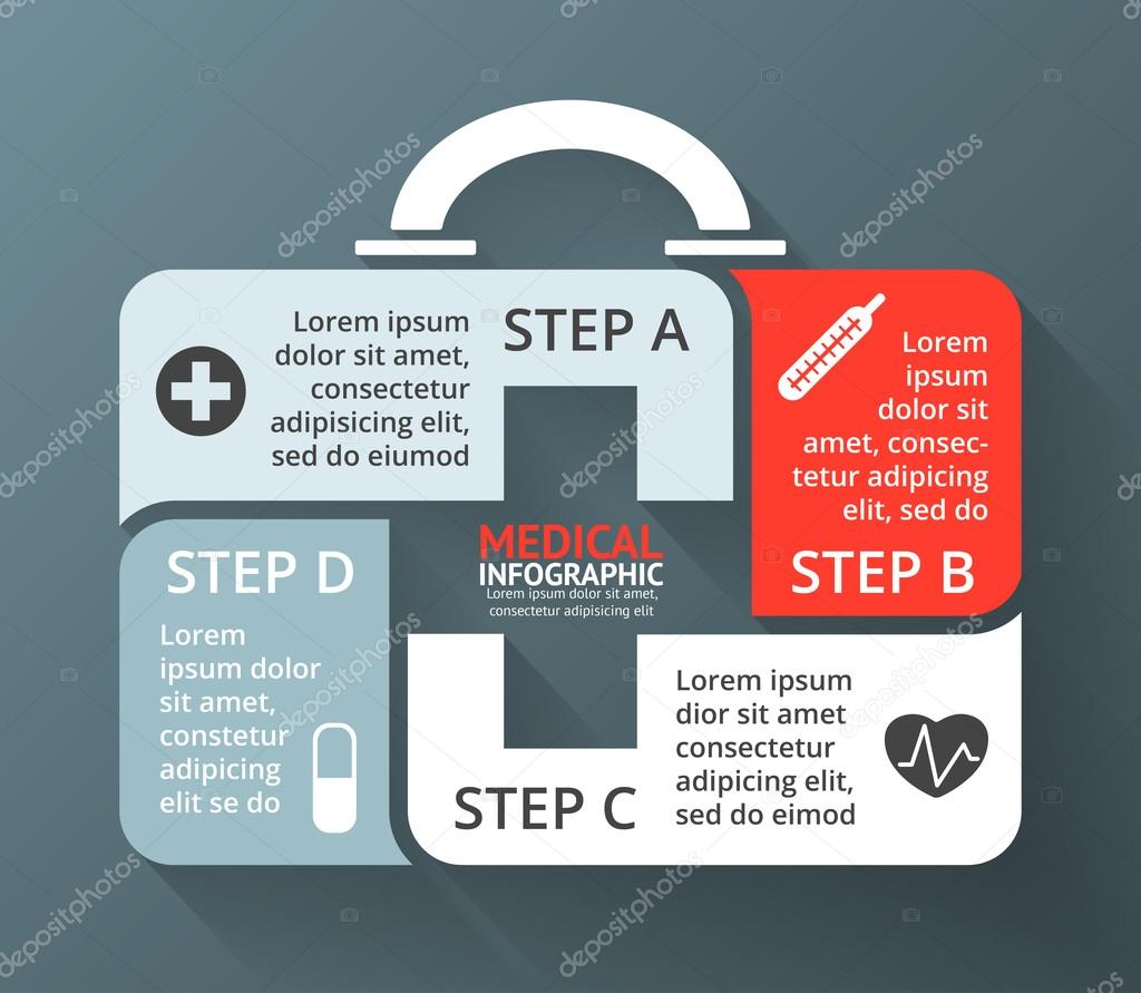 Vector circle plus sign infographic. Template for diagram, graph, presentation, chart. Medicine chest healthcare concept with 4 options, parts, steps, processes. Doctor or hospital logo.