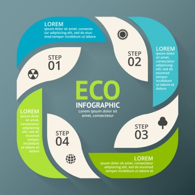 Vektör daire okları yeşil eco Infographic bırakır. Ekoloji diyagramı, grafik, tanıtım, grafik. Organik doğa kavramı ile 4 seçenekleri, parçalar, adımları.