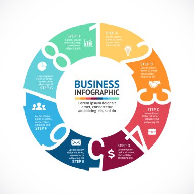 Vektör daire okları numaraları Infographic, diyagram, grafik, tanıtım, grafik. İş döngüsü kavramı ile seçenekleri, parçalar, adımları, işler. Bilgi grafik veri şablonu.
