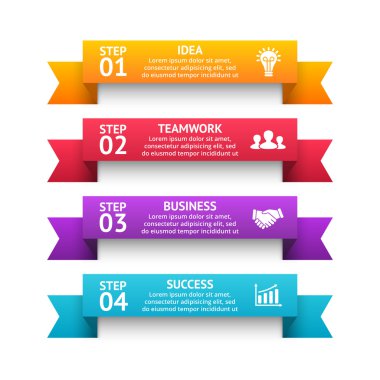 Vektör 3d okları çizgili Infographic, şerit diyagramı, çizgi grafiği, merdiven sunum, grafik. İş kavramı ile 4 seçenekleri, parçalar, adımları, işler. Büyüme bilgi veri şablonu.