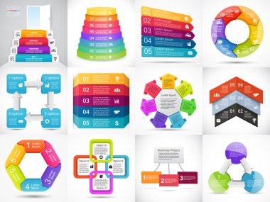 Vektör 3d okları Infographic, diyagram, grafik, tanıtım, grafik. İş kavramı ile 3, 4, 5, 6, 7, 8 seçenekleri, parçalar, adımları, süreçler. Bilgi grafik büyüme veri şablonu.