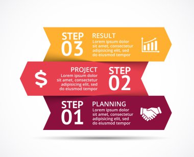 Vektör okları Infographic, diyagram, grafik, tanıtım, grafik. İş kavramı ile 3 seçenekleri, parçalar, adımları, işler. Bilgi grafik büyüme veri satırları şablonu.