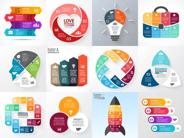 Ensemble d'infographie à cercle vectoriel. Diagrammes d'entreprise, graphiques de flèches, présentations de logo de démarrage, graphiques d'idées. Options de données, 3, 4, 5, 6, 8 parties, étapes, processus. Coeur, ampoule, tête, fusée, médical plus . — Image vectorielle