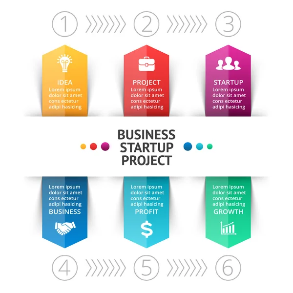 Vektor pile infografik, diagram, graf, præsentation, diagram. Business opstart koncept med 6 muligheder, dele, trin, processer. Skabelon for informationslinjer for grafisk vækst . – Stock-vektor