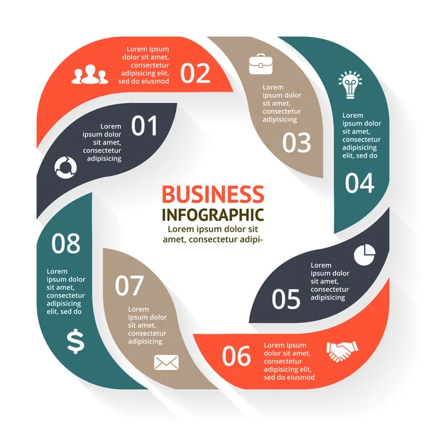 Infográfico de setas do círculo vetorial, diagrama, gráfico, apresentação, gráfico. Conceito de ciclo de negócios com 8 opções, peças, etapas, processos. Modelo de dados gráficos de informação . — Vetor de Stock