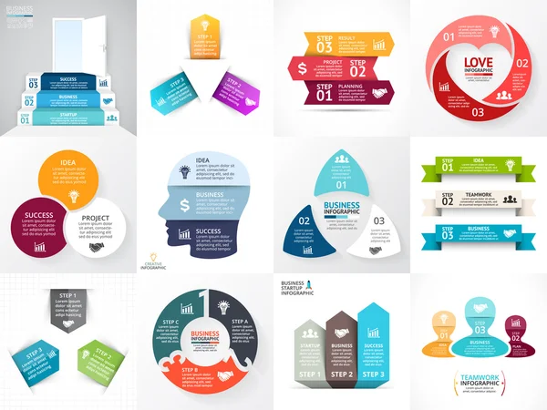 Conjunto infográfico de setas do círculo vetorial. Diagrama de negócios, gráficos, apresentação do logotipo de inicialização, gráfico de ideias. Opções de dados, 3 partes, etapas, processos. Coração, pessoas, cabeça, triângulo, escadas . — Vetor de Stock