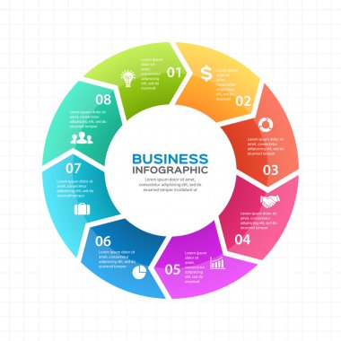 Vektör daire okları Infographic, diyagram, grafik, tanıtım, grafik. İş döngüsü kavramı ile 8 seçenekleri, parçalar, adımları, işler. Bilgi grafik veri şablonu.