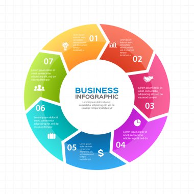 Vektör daire okları Infographic, diyagram, grafik, tanıtım, grafik. İş döngüsü kavramı ile 7 seçenekleri, parçalar, adımları, işler. Bilgi grafik veri şablonu.