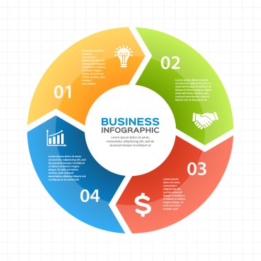 Vektör daire okları Infographic, diyagram, grafik, tanıtım, grafik. İş döngüsü kavramı ile 4 seçenekleri, parçalar, adımları, işler. Bilgi grafik veri şablonu.
