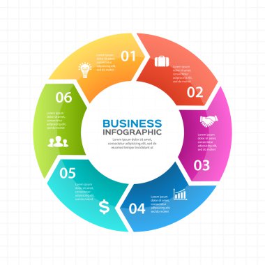 Vektör daire okları Infographic, diyagram, grafik, tanıtım, grafik. İş döngüsü kavramı ile 6 seçenekleri, parçalar, adımları, işler. Bilgi grafik veri şablonu.