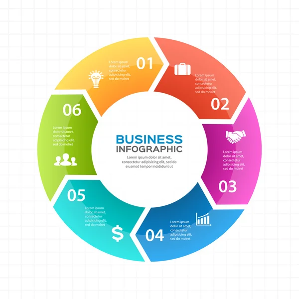 Flechas de círculo vectorial infografía, diagrama, gráfico, presentación, gráfico. Concepto de ciclo económico con 6 opciones, partes, pasos, procesos. Información plantilla de datos gráficos . — Archivo Imágenes Vectoriales