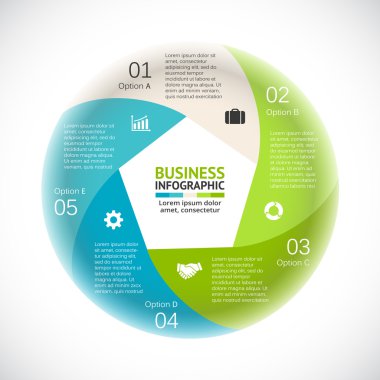 Vektör daire okları Infographic, diyagram, grafik, tanıtım, grafik. İş döngüsü kavramı ile 5 seçenekleri, parçalar, adımları, işler. Bilgi grafik veri şablonu.