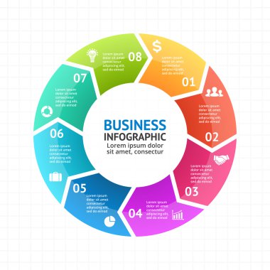 Vektör daire okları Infographic, diyagram, grafik, tanıtım, grafik. İş döngüsü kavramı ile 8 seçenekleri, parçalar, adımları, işler. Bilgi grafik veri şablonu.