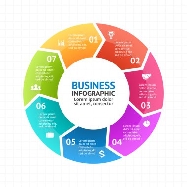 Vektör daire okları Infographic, diyagram, grafik, tanıtım, grafik. İş döngüsü kavramı ile 7 seçenekleri, parçalar, adımları, işler. Bilgi grafik veri şablonu.