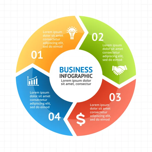 Infográfico de setas do círculo vetorial, diagrama, gráfico, apresentação, gráfico. Conceito de ciclo de negócios com 4 opções, peças, etapas, processos. Modelo de dados gráficos de informação . — Vetor de Stock