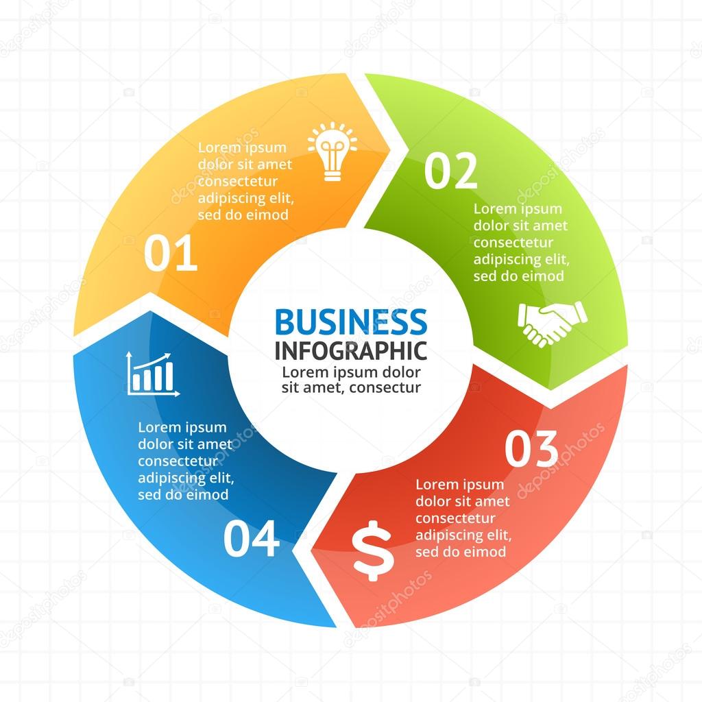 Circle arrows diagram for graph infographic presentation with 4 steps parts options.