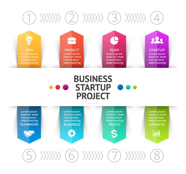 Wektor cyklu strzałki infographic, schemat, wykres, prezentacji biznesowych, wykres. 8 opcje, części, czynności, procesów. Szablon graficzny danych informacji. Osi czasu uruchamiania projektu schodów. Docelowych marketingu. — Wektor stockowy