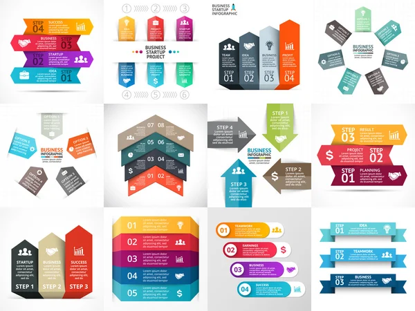 Setas vetoriais infográfico, diagrama, gráfico, apresentação, gráfico. Conceito de inicialização de negócios com 3, 4, 5, 6, 7 opções, peças, etapas, processos. Modelo de crescimento gráfico de informação . — Vetor de Stock