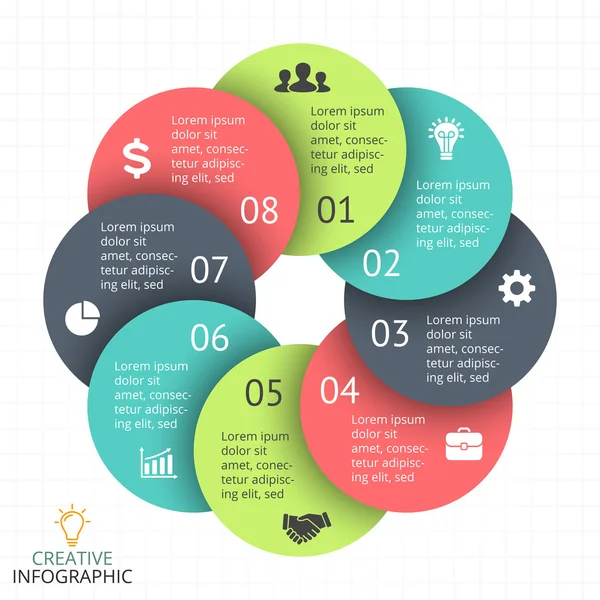 Vektör daire okları Infographic, diyagram, grafik, tanıtım, grafik. İş döngüsü kavramı ile 8 seçenekleri, parçalar, adımları, işler. Bilgi grafik veri şablonu. — Stok Vektör