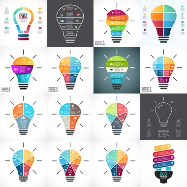 Vektör ampul Infographic. Daire diyagram, grafik, sunum ve yuvarlak grafik şablonu. İş başlangıç fikir lamba kavramı ile 6 seçenekleri, parçalar, adımları, işler. Başarılı beyin fırtınası.