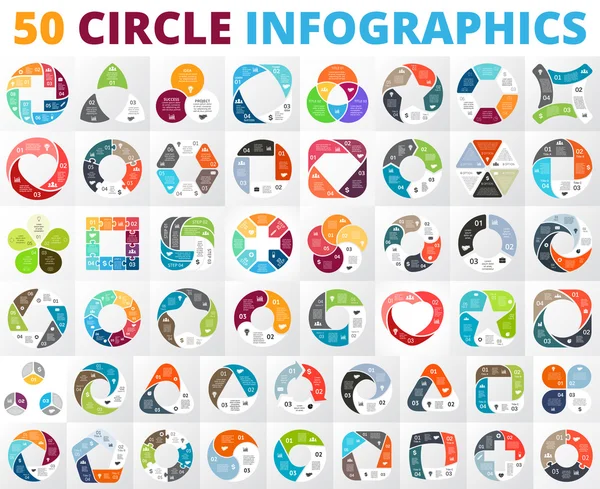 Vector circle infographics set. Business diagrams, arrows graphs, startup presentations and idea charts. Data options, parts, steps or cycle processes. — Stock Vector