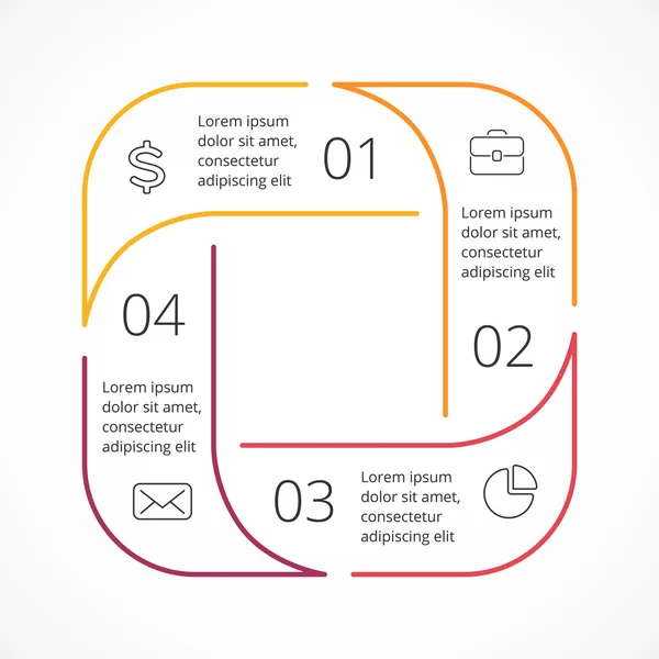 Vektorkreis lineare Pfeile Infografik, quadratisches Diagramm, Graph, flache minimale Darstellung, Diagramm. Konjunkturkonzept mit 4 Optionen, Teilen, Schritten, Prozessen. Info grafische Datenvorlage. — Stockvektor