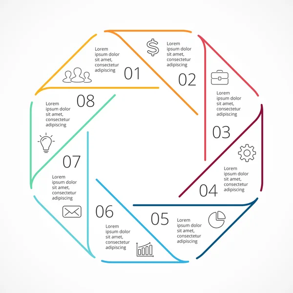 Vector cirkel lineaire pijlen infographic, diagram, grafiek, plat minimale presentatie, grafiek. Business cycle concept met 8 opties, onderdelen, stappen, verwerkt. Info grafische gegevenssjabloon. — Stockvector