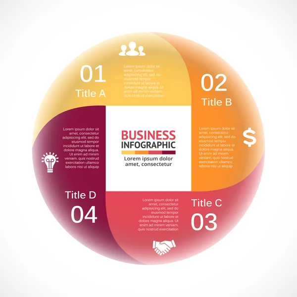 Infográfico de círculo vetorial, diagrama quadrado, gráfico de ciclo, gráfico de apresentação. Conceito de negócio com 4 opções, peças ou passos . — Vetor de Stock