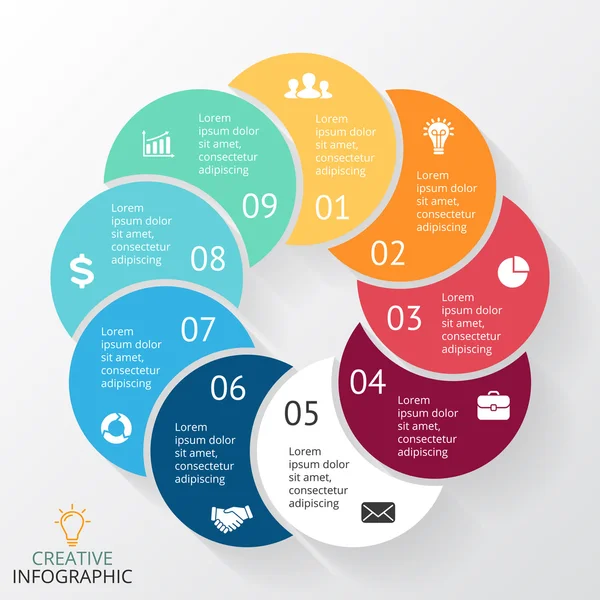 Sageti cerc vectorial infografic, diagrama ciclului, grafic, diagrama de prezentare. Conceptul de afaceri cu 9 opțiuni, piese, pași, procese . — Vector de stoc