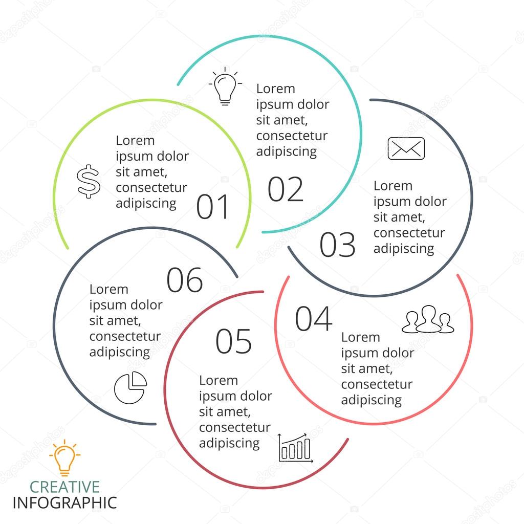 Vector circle arrows linear infographic, cycle diagram, minimal graph, flat presentation chart. Business concept with 6 options, parts, steps, processes.