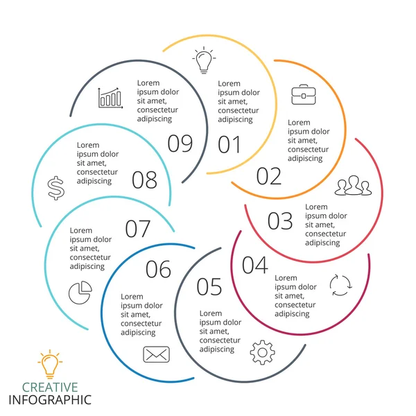 Vektor lingkaran panah linear infografis, siklus diagram, grafik minimal, grafik presentasi datar. Konsep bisnis dengan 9 opsi, bagian, langkah, proses . - Stok Vektor