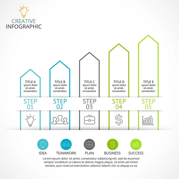 Vektor up panah linear infografis, diagram tangga grafik, grafik presentasi. Proyek bisnis dengan 5 pilihan, bagian, langkah, proses. Pertumbuhan, kinerja dan konsep sukses . - Stok Vektor